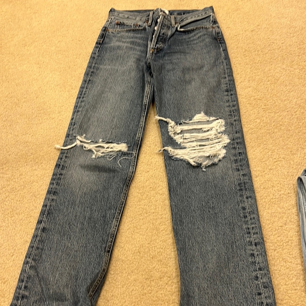Like new A Golde jeans size 25 ripped knees frayed bottoms. Button fly. Lana